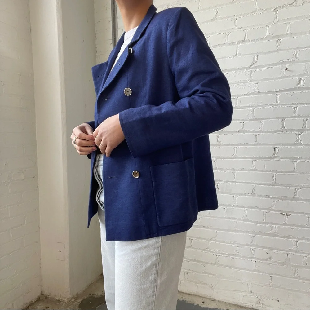Balenciaga Denim Blue Linen Double Breasted Blazer Jacket - Picture 2 of 5